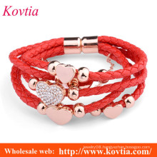 Women heart shape red cord woven leather bracelet